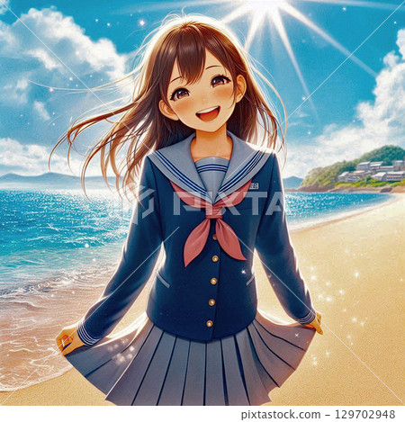 身著水手服的高中女生享受夏日大海[78] 129702948