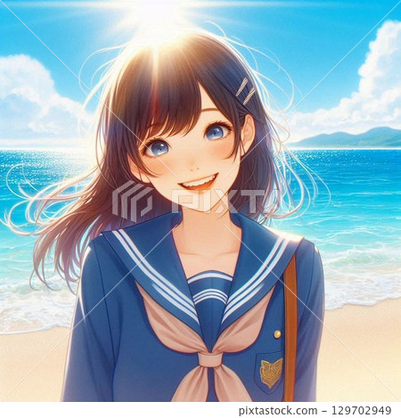 身穿水手服的高中女生享受夏日大海[79] 129702949