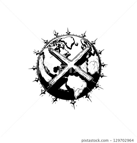 Global Conflict Illustration: Stylized World Globe with X Mark and Spiked Outline Global Conflict Illustration: Stylized World Globe with X Mark and Spiked Outline 129702964