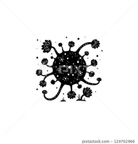 Monochrome illustration of a stylized virus cell with rounded features and spikes Monochrome illustration of a stylized virus cell with rounded features and spikes 129702966