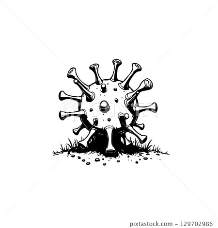 Artistic illustration of a coronavirus particle with spikes on a white background 129702986