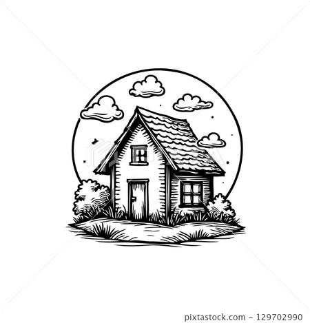 Charming monochrome illustration of a cozy house nestled in a serene landscape 129702990