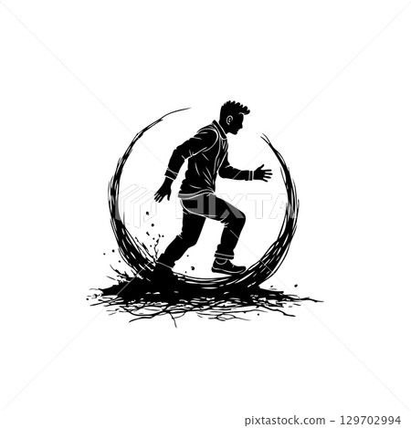 Silhouette of a person running within a circular design embodying movement and energy 129702994