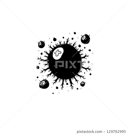 Abstract black and white art of a stylized virus with a plus sign symbol 129702995