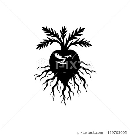 Elegant minimalist vector illustration: radish with intricate root system design 129703005