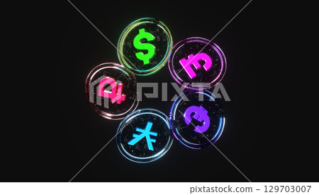 Futuristic multiple transparent glass currency coins, including dollar, pound, yen, euro, and ruble symbols 129703007