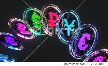 Futuristic multiple transparent glass currency coins, including dollar, pound, yen, euro, and ruble symbols  129703008