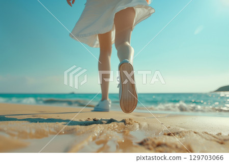 一位女士穿著白色運動鞋在沙灘上行走，在夏日的藍天下 129703066