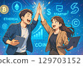 一對男女創業者在成功為他們的新創公司籌集資金後擊掌慶祝 129703152