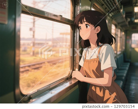 Girl looking at the scenery from the train window Girl looking at the scenery from the train window 129703154