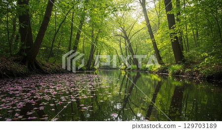 Pink flowers blooming in a pond in the forest Pink flowers blooming in a pond in the forest 129703189