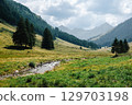 Summer mountain landscape in the Solkpass pass in Austria. Panoramic view of alpine nature, green slopes and blue sky. 129703198