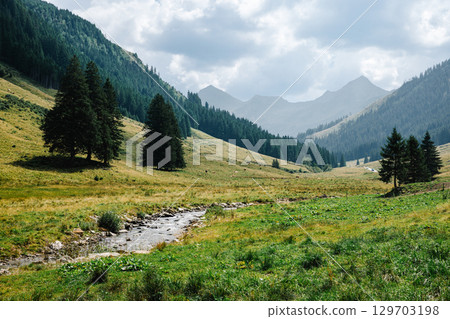 Summer mountain landscape in the Solkpass pass in Austria. Panoramic view of alpine nature, green slopes and blue sky. 129703198