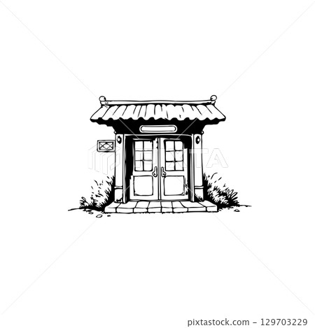 Minimalist drawing of a traditional Asian-style doorway with a tiled roof and stone path 129703229