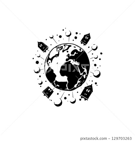 Global housing concept illustration in black and white minimalist style Global housing concept illustration in black and white minimalist style 129703263