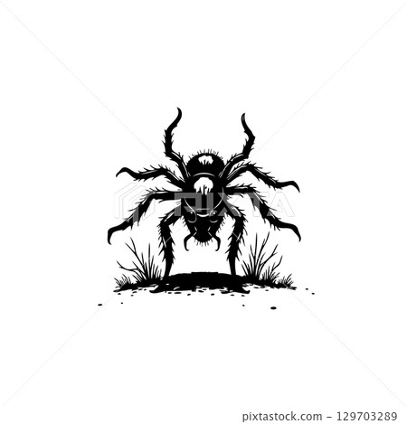 Black spider with creepy silhouette on white background, Halloween decoration concept Black spider with creepy silhouette on white background, Halloween decoration concept 129703289
