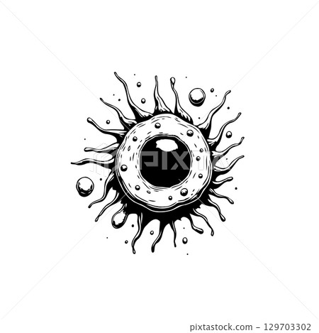 Stylized black and white drawing of a virus or cell with tentacles 129703302