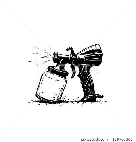 Detailed monochrome illustration of a spray gun on a white background painting tool 129703305