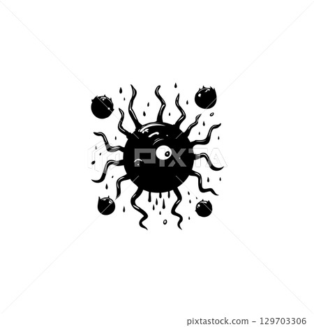 Abstract monochrome artwork depicting a central, one-eyed spiky form with surrounding droplets 129703306