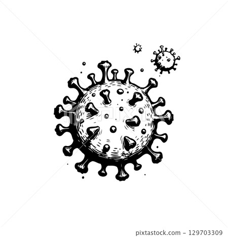 Black and white drawing of a coronavirus cell with spike proteins illustration 129703309