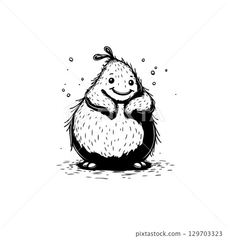 Whimsical hand-drawn illustration of a furry creature with a delightful smile Whimsical hand-drawn illustration of a furry creature with a delightful smile 129703323
