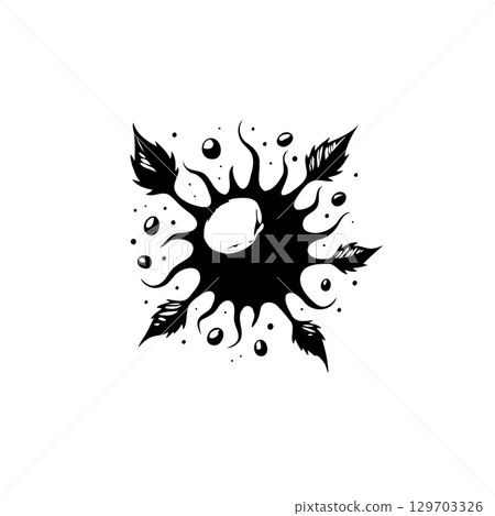 Unique Abstract Graphic: Black Sun with Leaves and Water Droplets Illustration 129703326
