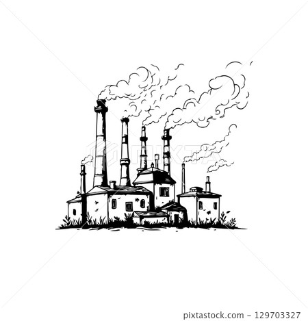 Monochrome illustration depicting industrial factory with billowing smoke emissions 129703327