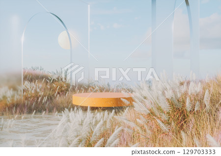Abstract autumn landscape scene with a podium for product display. 3d rendering Abstract autumn landscape scene with a podium for product display. 3d rendering 129703333