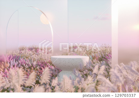 Abstract autumn landscape scene with a podium for product display. 3d rendering Abstract autumn landscape scene with a podium for product display. 3d rendering 129703337