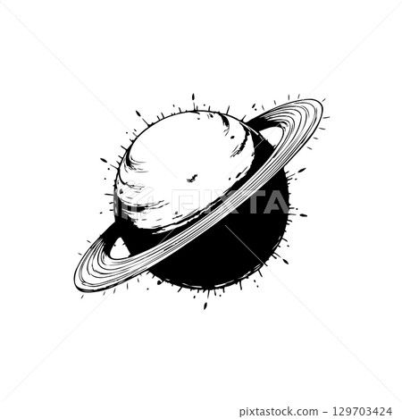 Monochrome depiction of Saturn, celestial beauty floating against white canvas 129703424