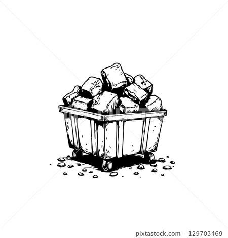 Illustration of a full mine cart loaded with coal on a white background 129703469