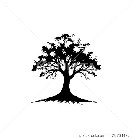 Black and white silhouette illustration of a majestic tree with detailed branches Black and white silhouette illustration of a majestic tree with detailed branches 129703472