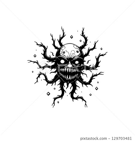 Creepy Tree Skull with Branches: A Halloween-Inspired Black and White Graphic 129703481