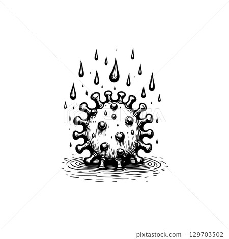 Monochrome stylized vector illustration of a virus with raindrops, isolated concept 129703502