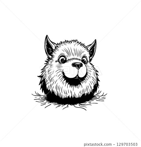 Cartoon illustration of a cute furry creature with pointy ears and a big smile 129703503