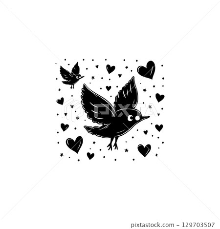 Two cute birds flying with hearts and stars, illustration design for Valentine's Day Two cute birds flying with hearts and stars, illustration design for Valentine's Day 129703507