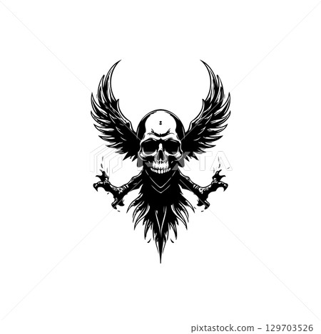 Eerie depiction of skull with wings and claw-like hands conveying dark fantasy Eerie depiction of skull with wings and claw-like hands conveying dark fantasy 129703526