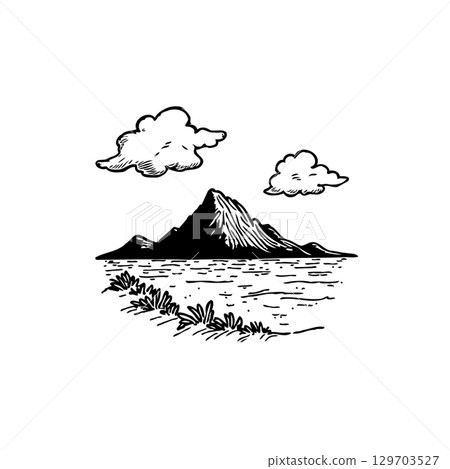 Minimalist Black and White Mountain Landscape Illustration with Clouds and Water Scenery Minimalist Black and White Mountain Landscape Illustration with Clouds and Water Scenery 129703527