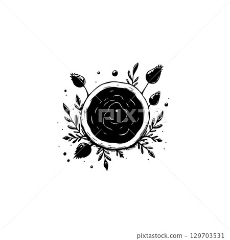 Elegant floral illustration with central circle and botanical accents in monochrome 129703531