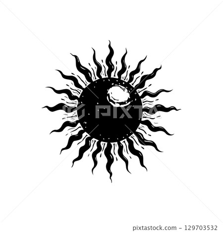Stylized Black Sun Illustration with Radiant Rays on White Background Minimalist Design Stylized Black Sun Illustration with Radiant Rays on White Background Minimalist Design 129703532