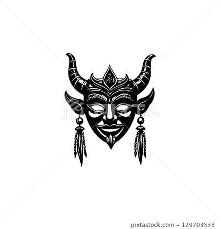 Stylized Black and White Devil Mask Illustration Depicting Power and Mysticism 129703533