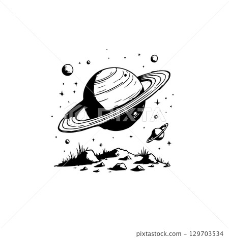 Monochrome Illustration of Saturn-like Planet Hovering Above a Rocky Landscape 129703534