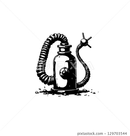 Steampunk-inspired vintage bottle with valve and hose, isolated on white background 129703544