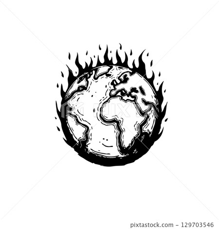Burning planet illustration symbolizing climate change and environmental crisis alarm 129703546