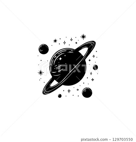 Minimalist black and white depiction of Saturn surrounded by stars and other celestial bodies 129703550