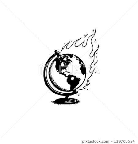 Symbolic representation of global warming crisis with a globe in flames illustration Symbolic representation of global warming crisis with a globe in flames illustration 129703554