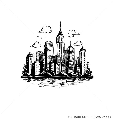 Black and white illustration of a cityscape skyline with stylized clouds above Black and white illustration of a cityscape skyline with stylized clouds above 129703555