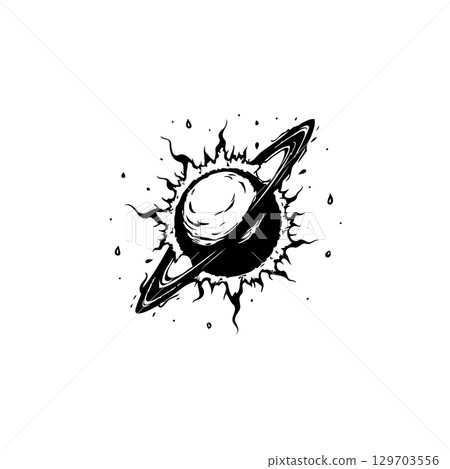Dramatic Black and White Illustration of Saturn with a Dark Energetic Aura 129703556