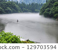 Landscape River Mist Fog Tadami Line Mountain Boat 129703594