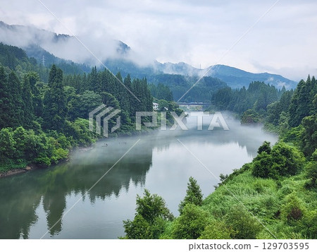 Landscape River Mist Fog Tadami Line Mountain 129703595